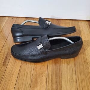 Salvatore Ferragamo Black Pebbled Leather Loafers Buckle Strap Peg  Shoes 11 D